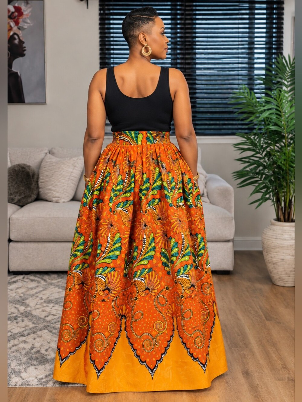 African Print Orange Maxi Skirt with Green Accents - Picture 2 of 3